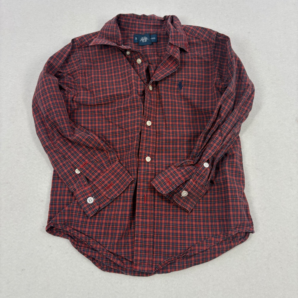 Ralph Lauren Button Down Shirt Boys 5 Red Plaid Holiday Pony Logo Preppy